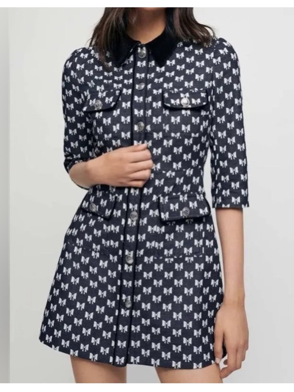 Maje Renatila Bow-Print Organic Cotton Mini Dress Size 36 - Picture 4 of 16